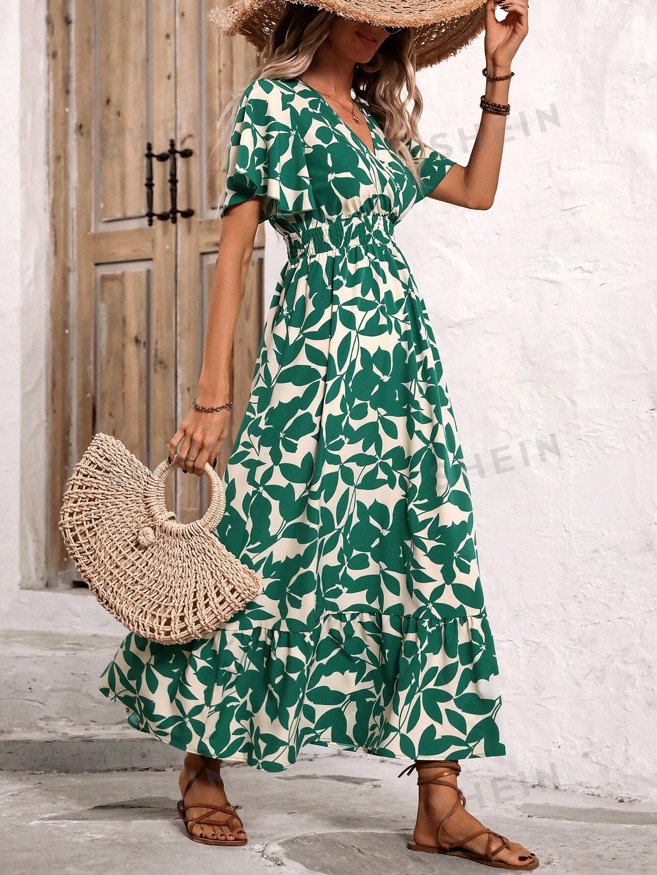 цена SHEIN VCAY Женское платье с цветочным принтом и короткими рукавами и рюшами по краю, зеленый
