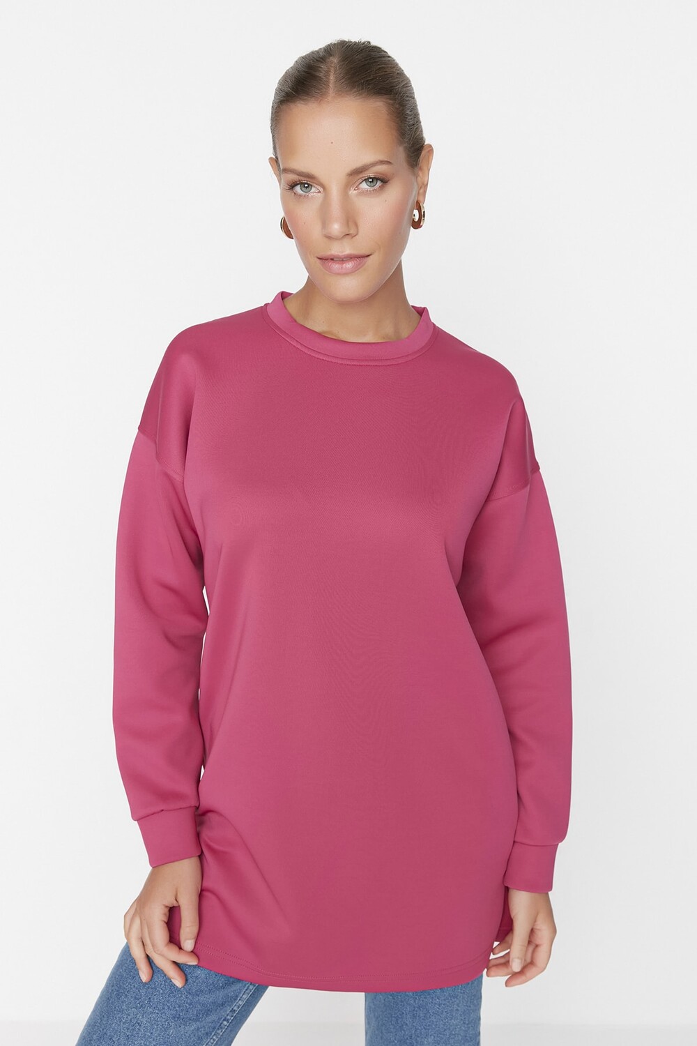 

Розовый базовый вязаный свитшот с круглым вырезом Trendyol Modest