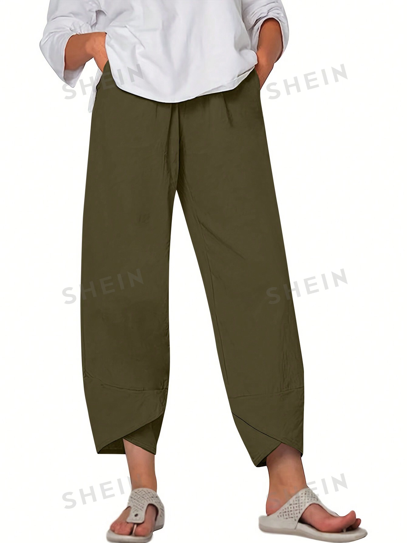 цена Женские однотонные брюки-фонарики, оливково-зеленый