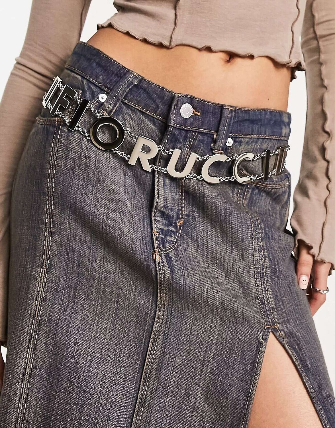 

Серебристый ремень-цепочка с логотипом Fiorucci