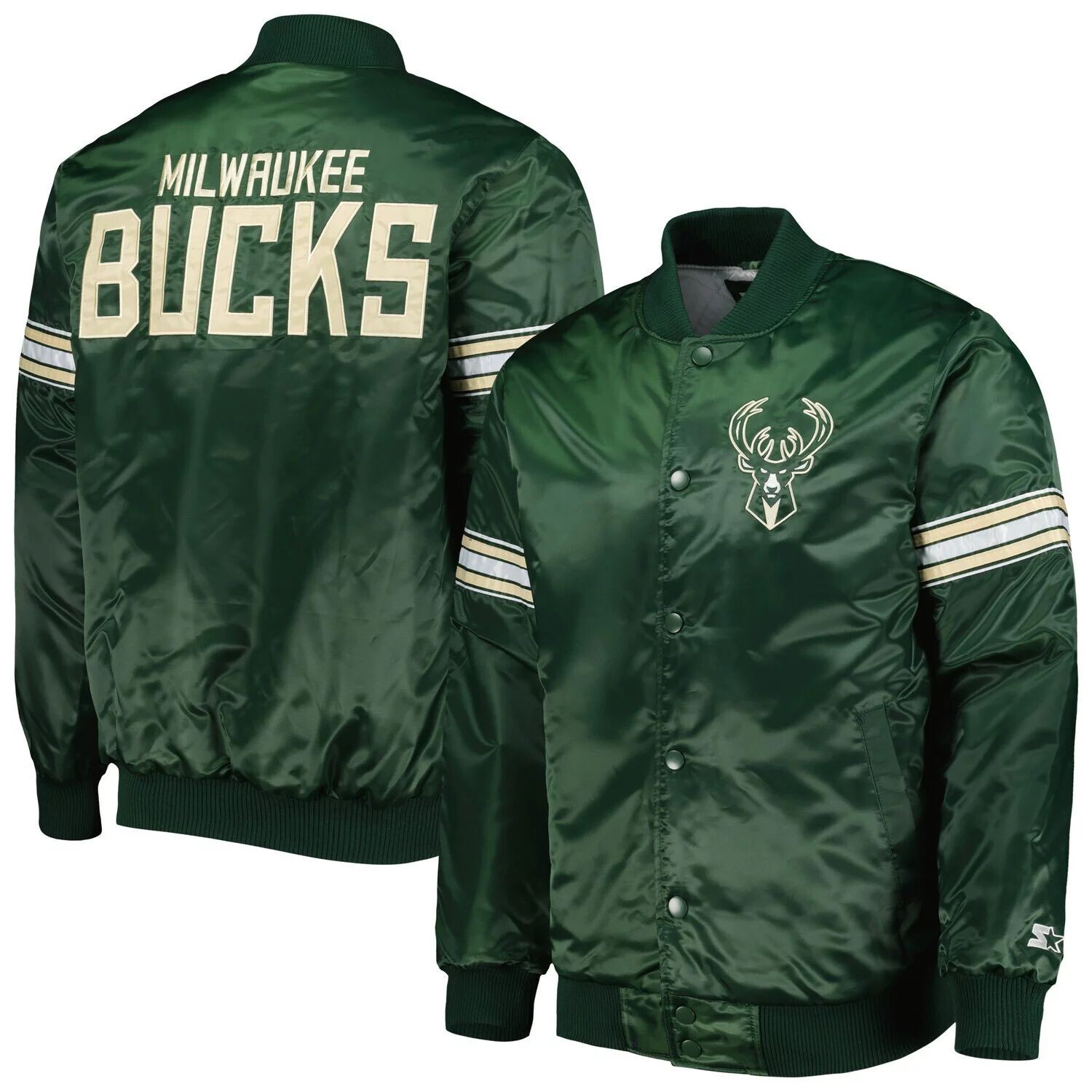

Мужская атласная университетская куртка с длинными кнопками Hunter Green Milwaukee Bucks Pick & Roll Starter