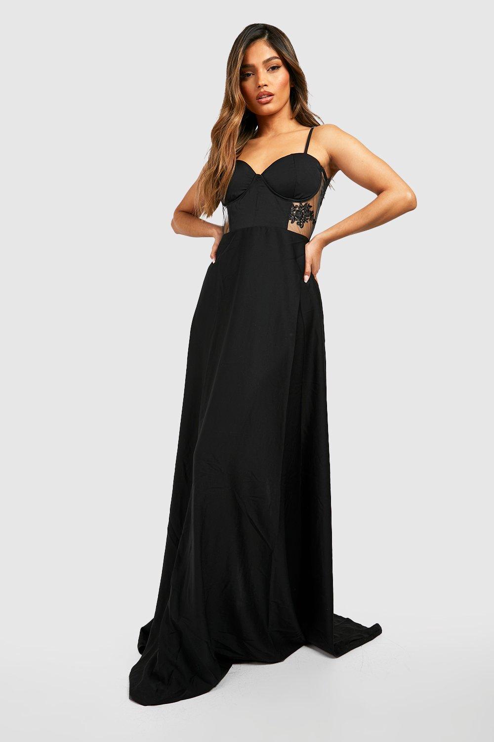 Платье макси с контрастным кружевным корсетом boohoo, черный цена и фото