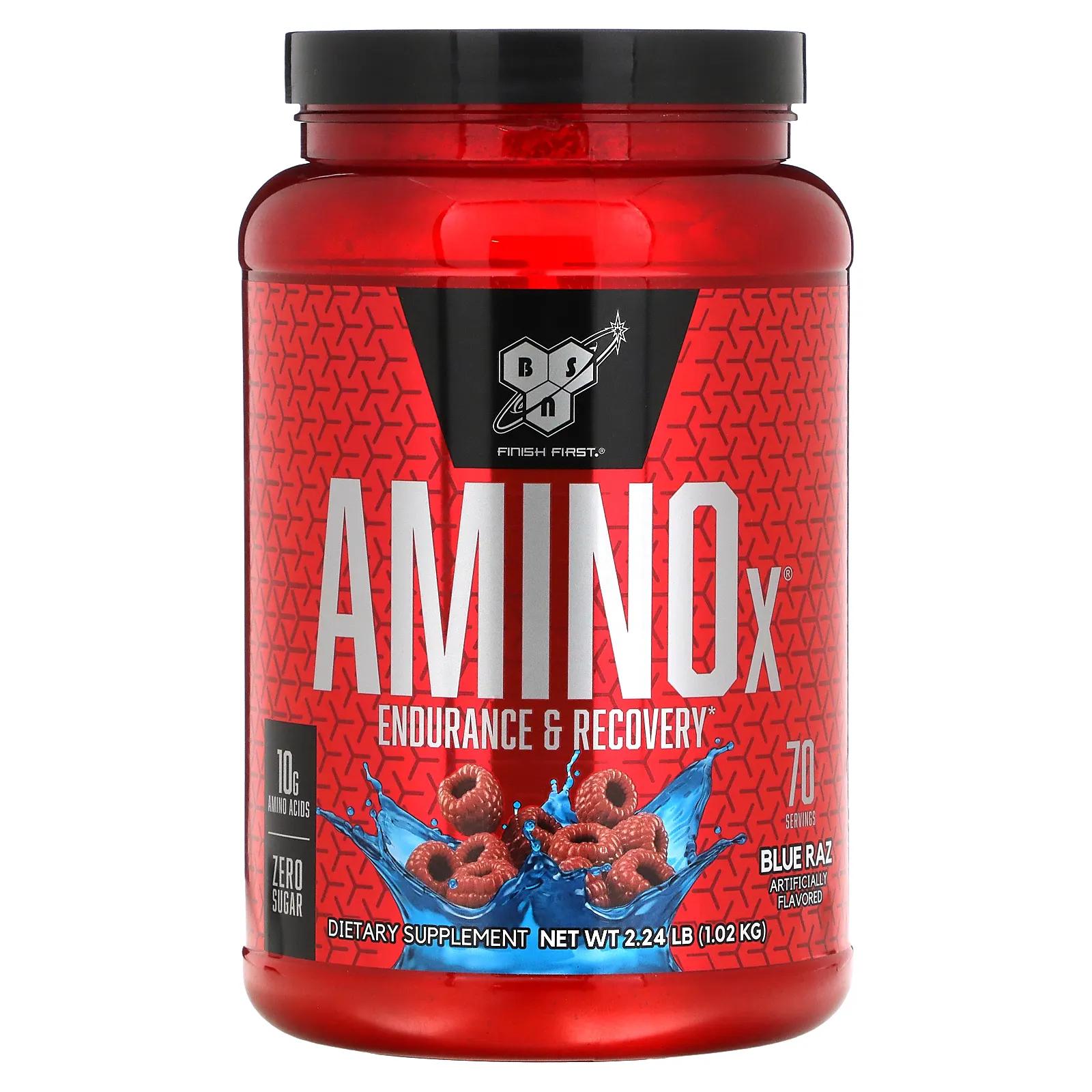 BSN AminoX формула с аминокислотами с разветвленной цепью без кофеина синяя малина 2,24 фунта (1,01 кг) bsn формула с аминокислотами amino x выносливость и восстановление фруктовый пунш 1 01 кг 2 23 фунта