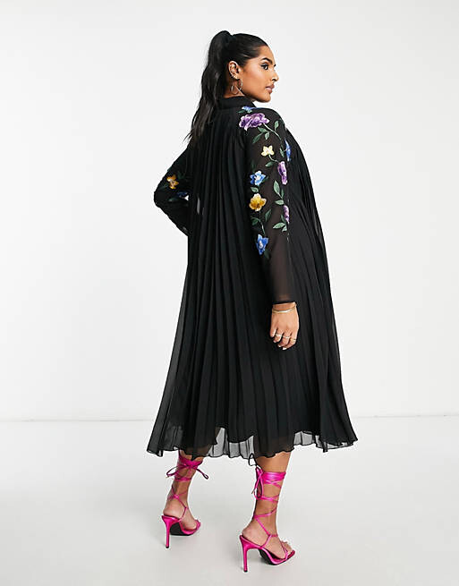 

Черное плиссированное платье-рубашка миди с вышитыми рукавами ASOS DESIGN Curve