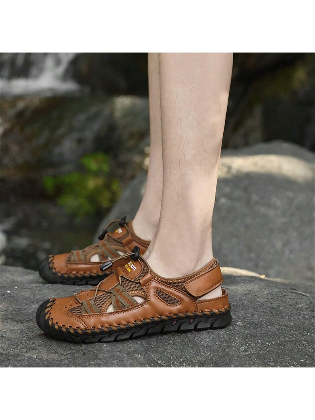 Мужские модные сандалии из дышащей сетки с регулируемым шнурком, коричневый