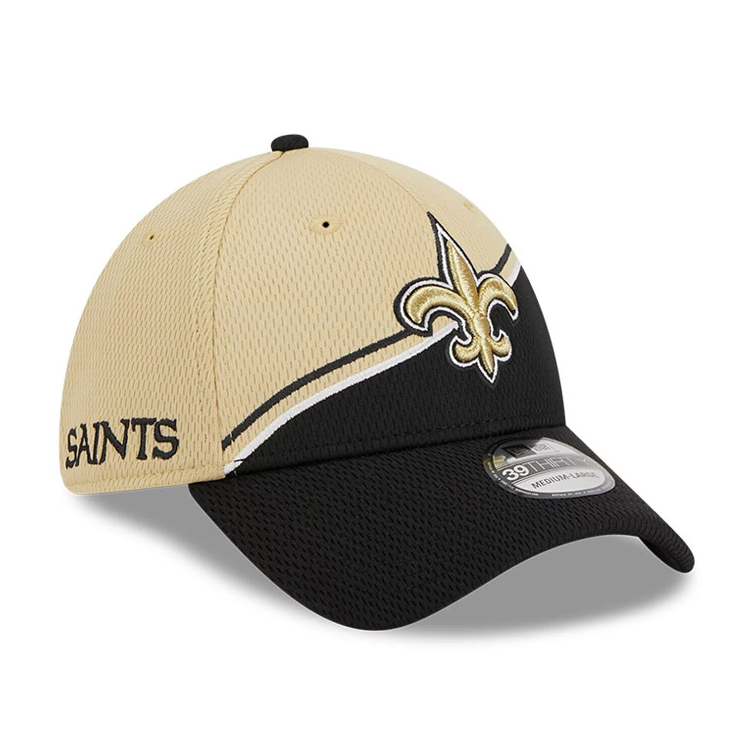 

Мужская кепка New Era Vegas Gold/Black New Orleans Saints 2023 Sideline 39THIRTY Flex Hat