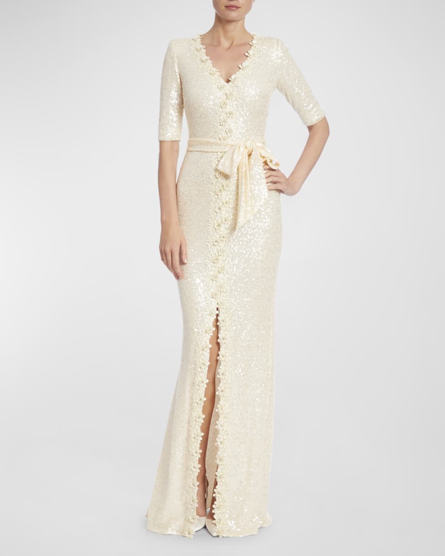 

Платье-колонна с пайетками и рукавами до локтя с цветочной отделкой Badgley Mischka Collection