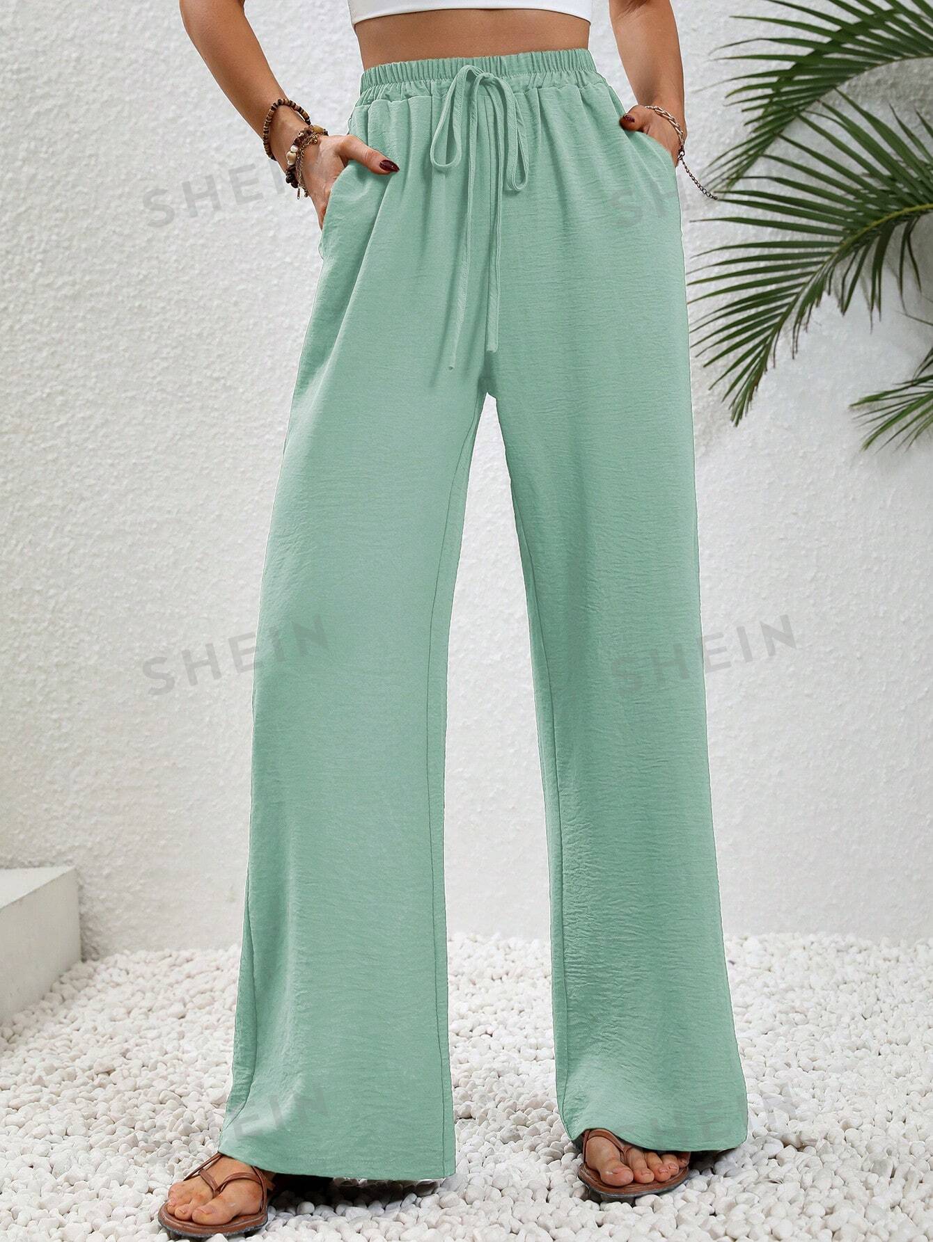 цена SHEIN LUNE женские однотонные длинные брюки с завышенной талией и завязками на талии и карманами, мятно-зеленый