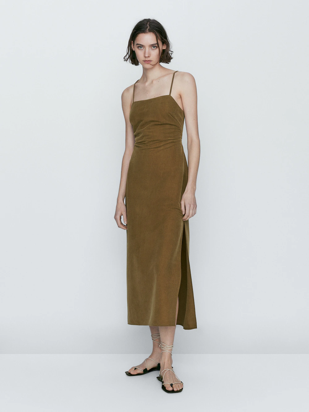 

Платье миди из купро с разрезом на спине Massimo Dutti, хаки
