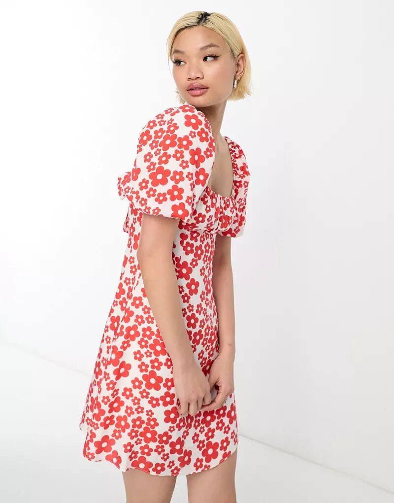 Гламурное свободное платье мини с квадратным вырезом и завязками на спине с красным цветочным принтом Glamorous