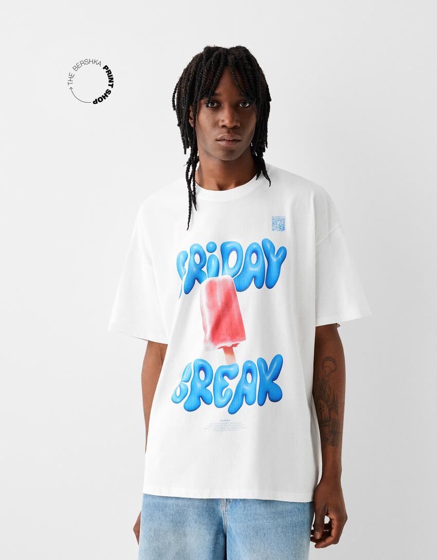 

Футболка свободного кроя print Bershka, белый