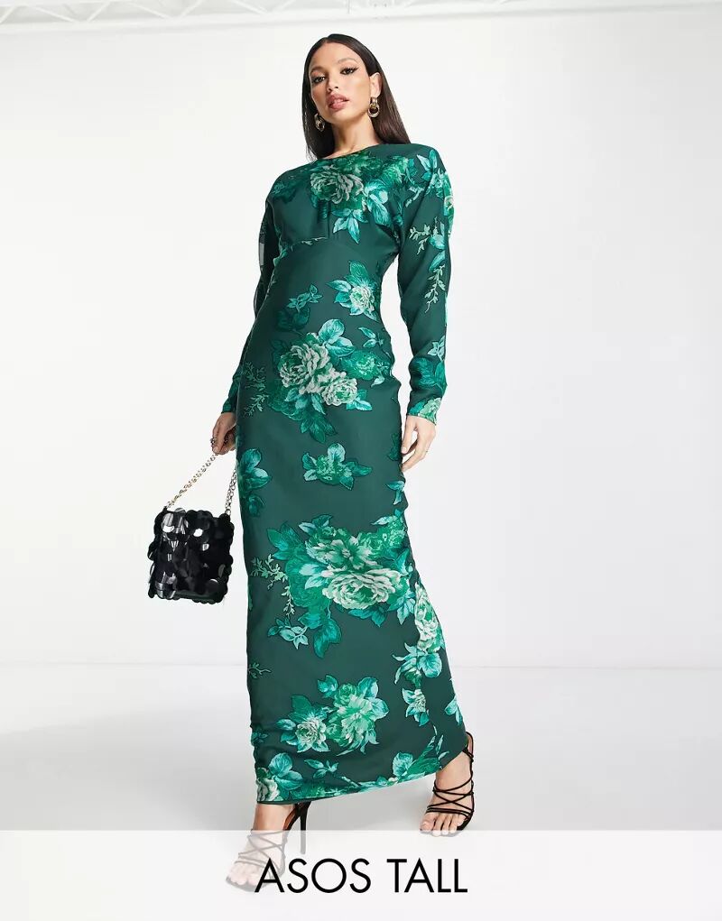 Зеленое платье макси с высоким воротником и цветочным принтом ASOS DESIGN Tall