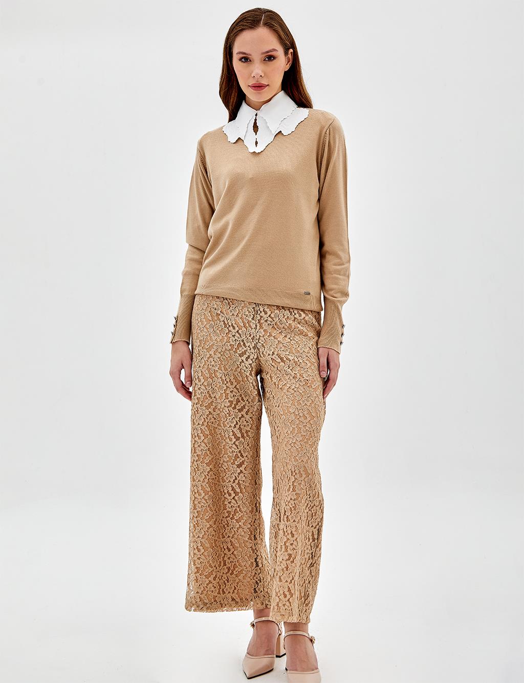 Кружевные многослойные брюки с высокой талией Песочно-бежевого цвета Kayra двойной костюм с вышивкой бисером песочно бежевого цвета kayra