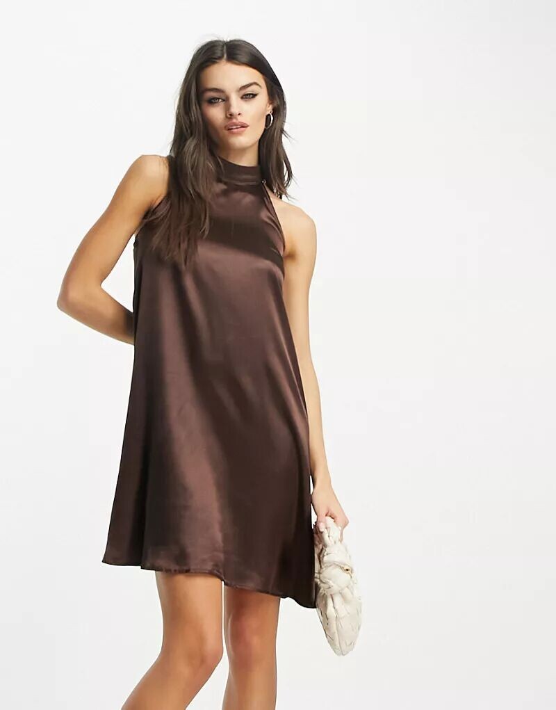 

Шоколадно-коричневое атласное платье мини с высоким воротником Urban Threads