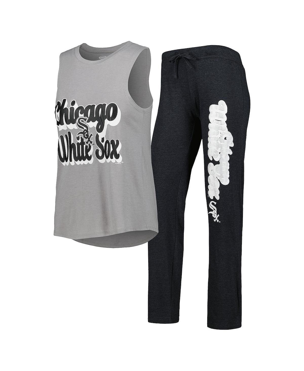 Женский комплект для сна: черный Хизер, серый Хизер, Чикаго Уайт Сокс, майка с мышцами и брюки с надписью Meter Concepts Sport