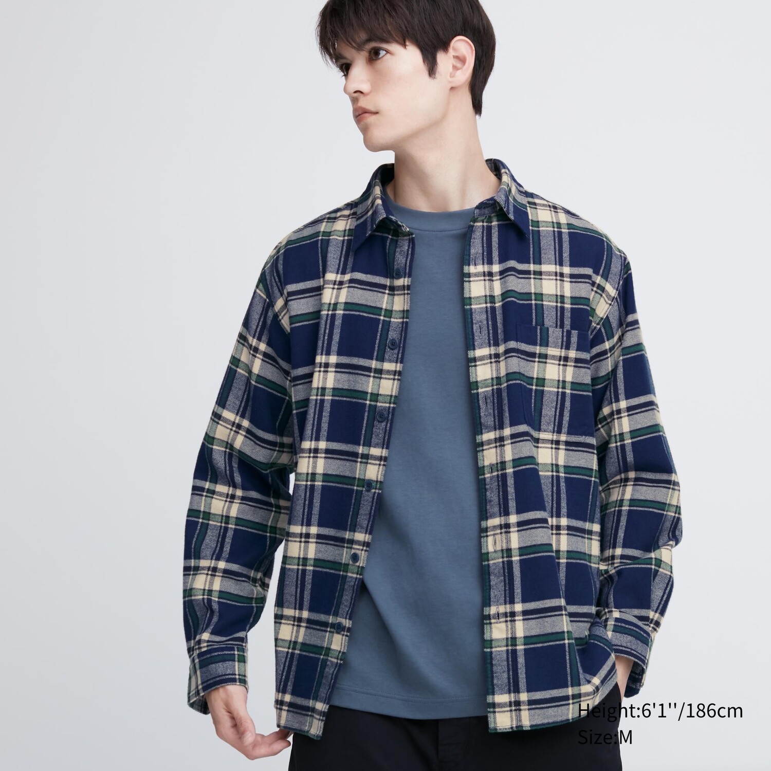 

Фланелевая рубашка стандартного кроя в клетку (стандартный воротник) Uniqlo, синий