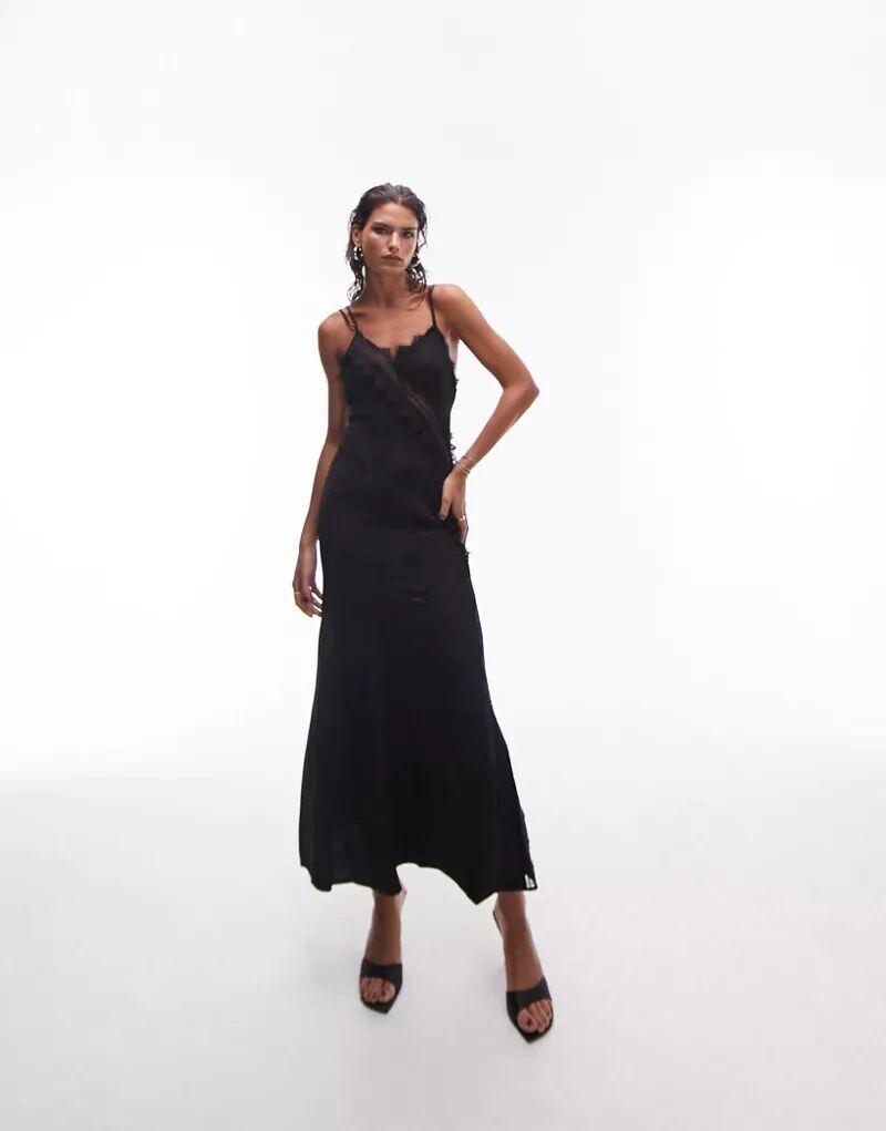 Черное платье миди из кружева и жаккарда Topshop Premium