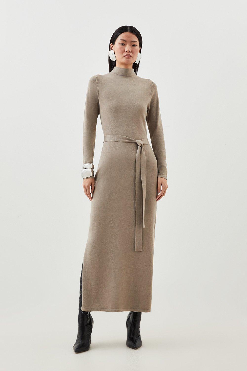 цена Трикотажное платье мидакси с поясом из вискозы Karen Millen, бежевый