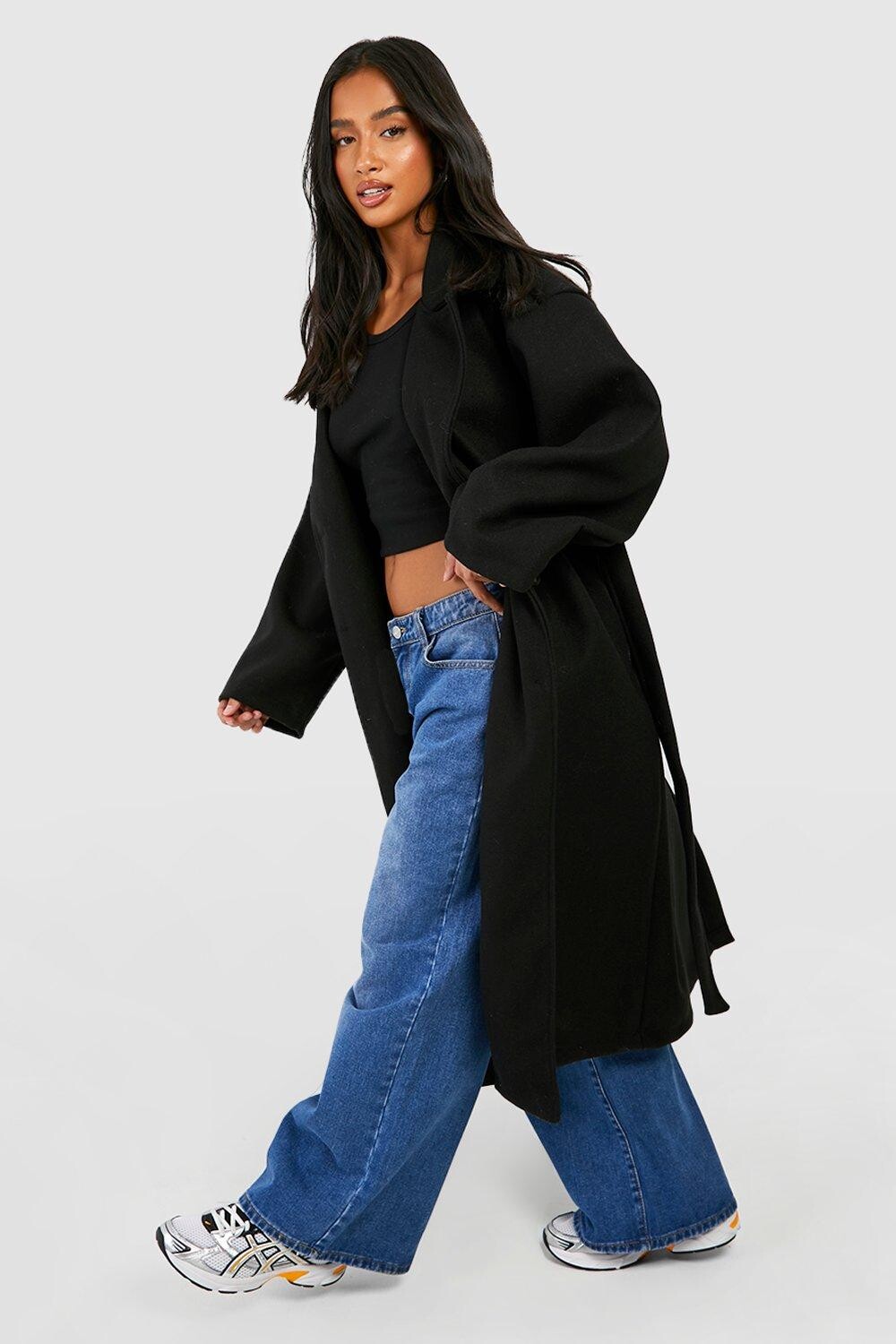 Пальто из шерсти с поясом Boohoo, черный