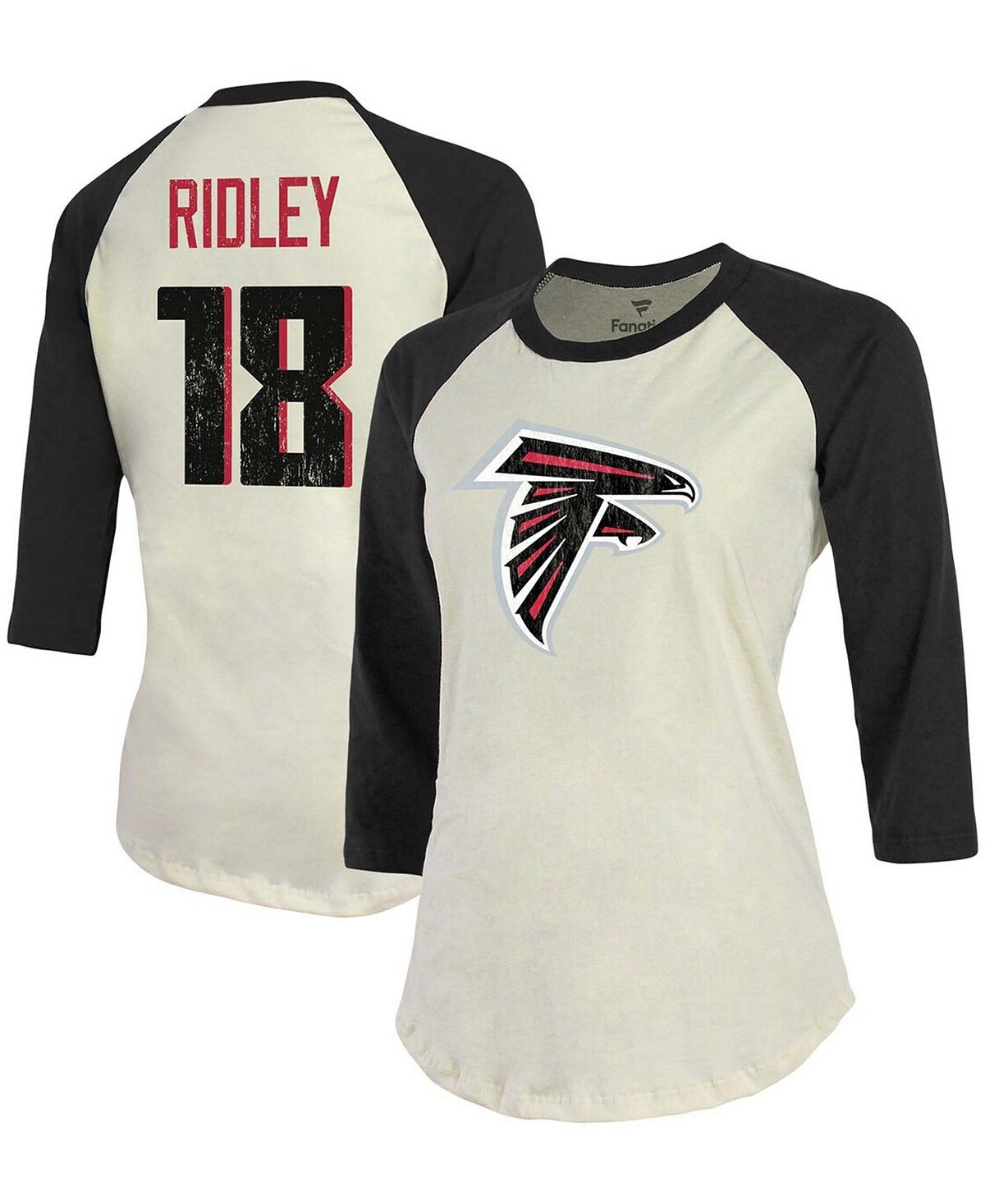 

Женская футболка Calvin Ridley кремового цвета, черная футболка Atlanta Falcons Player реглан с именем, номером и рукавом 3/4 Fanatics