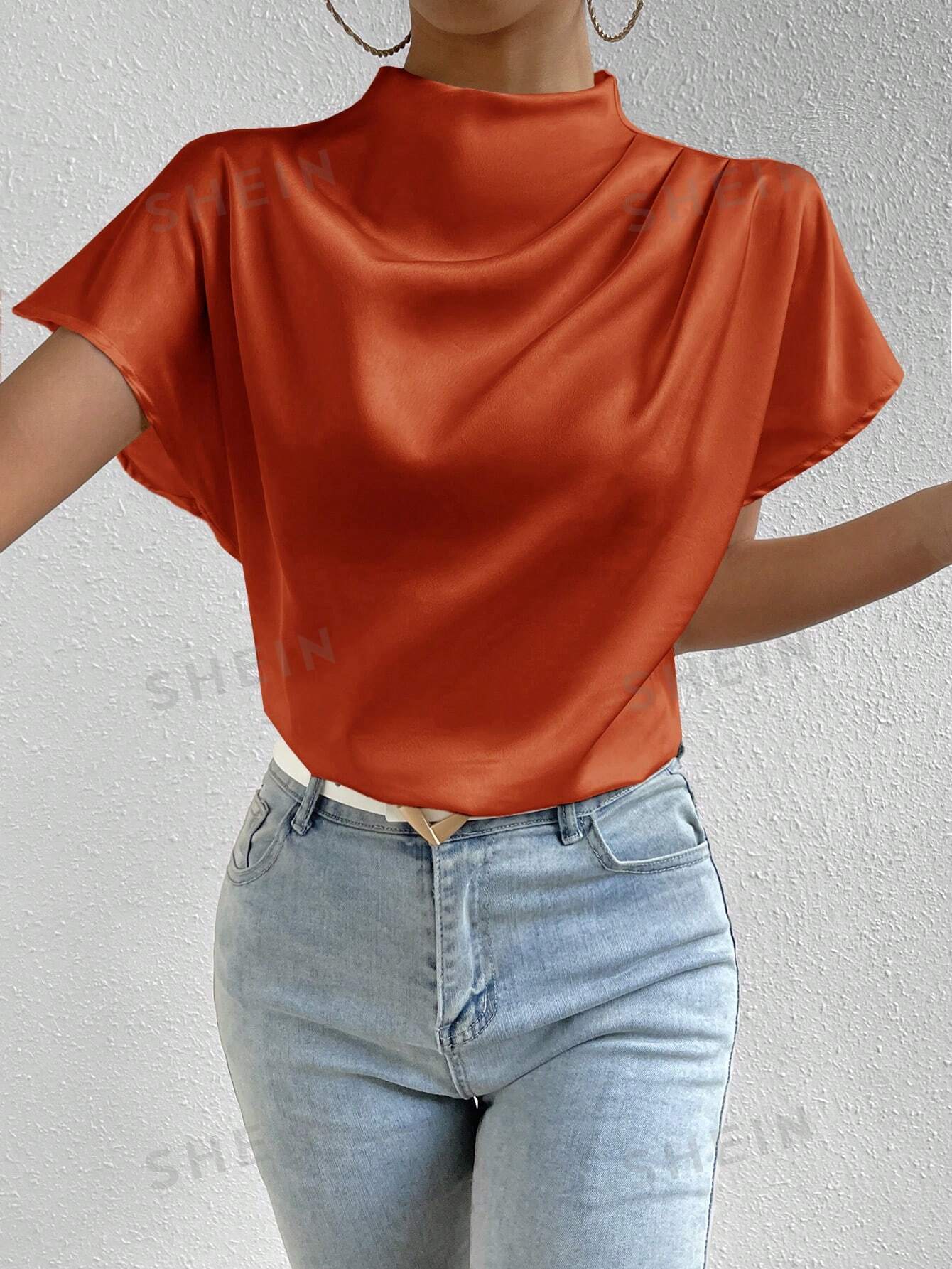 цена SHEIN Frenchy однотонная повседневная рубашка с круглым вырезом и рукавами «летучая мышь», апельсин