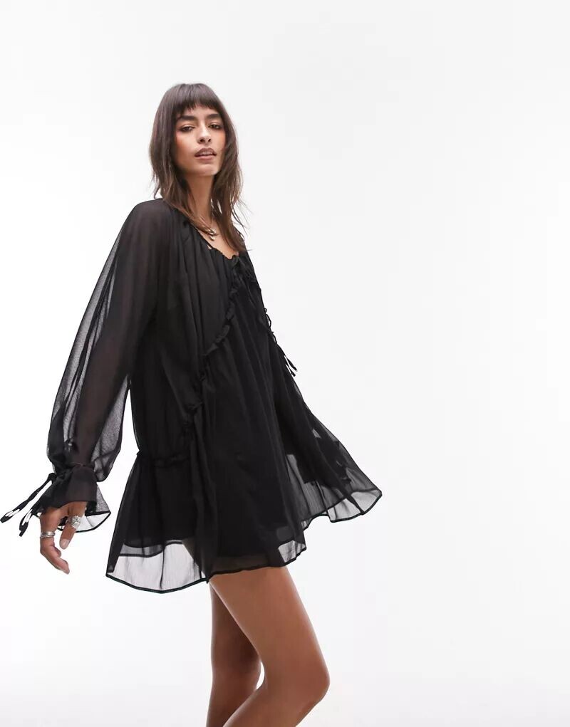 

Черное платье-комбинация с деталями и завязывающимся вырезом Topshop