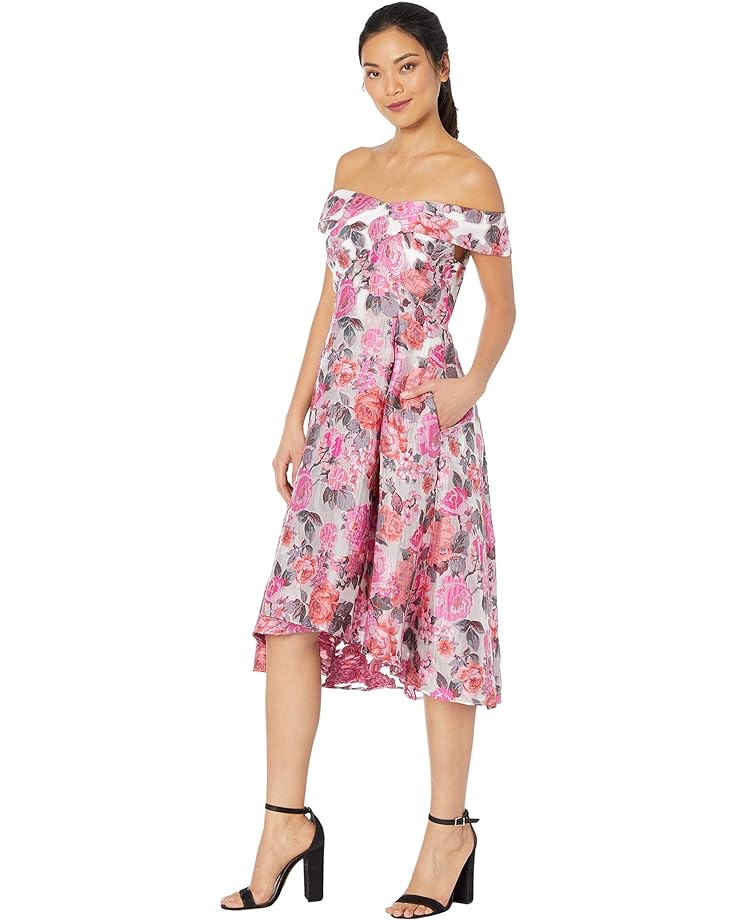 

Платье Adrianna Papell High-Low Off-the-Shoulder Jacquard Midi Dress, цвет Pink Multi