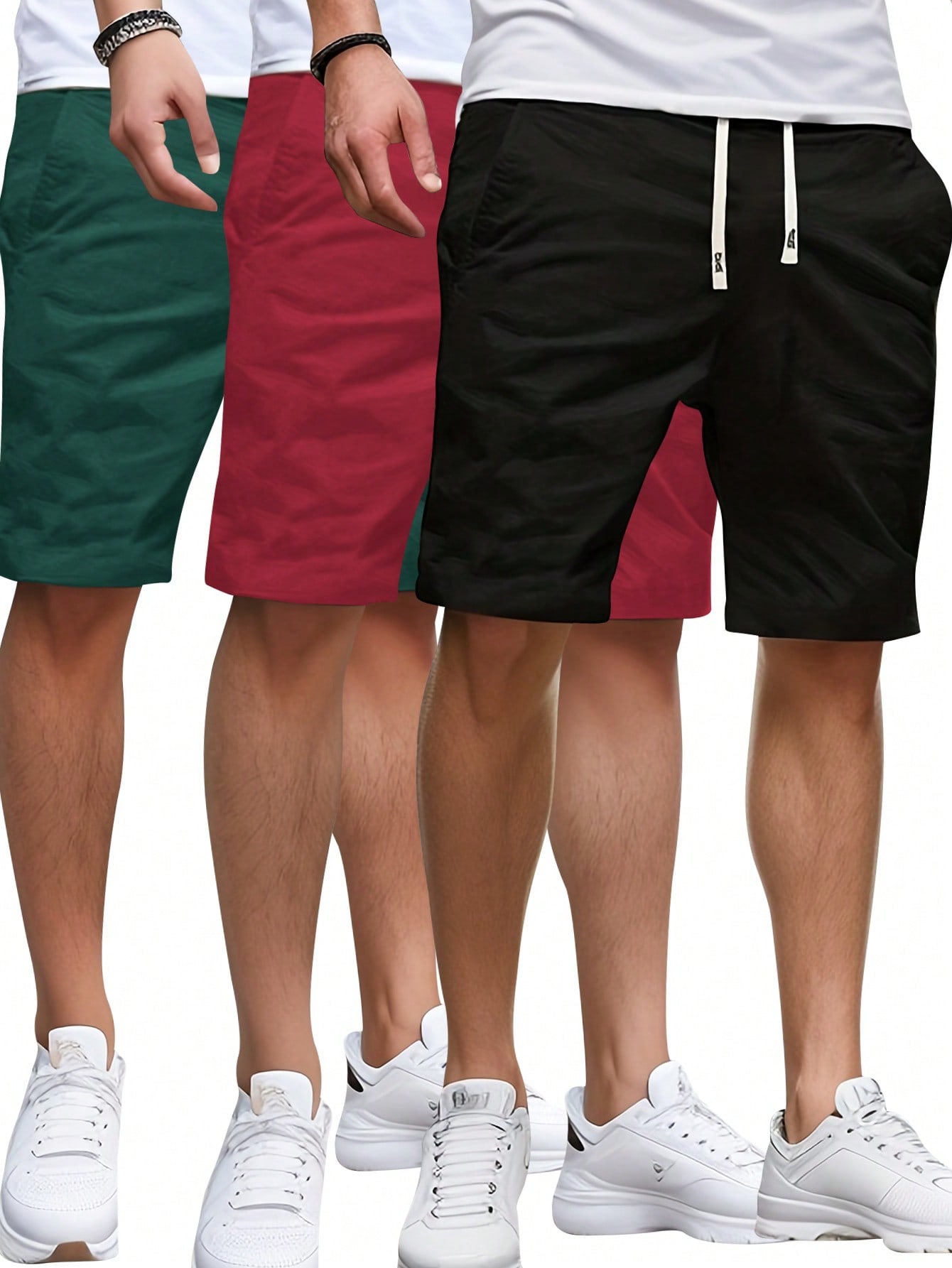 3 шт./компл. летние мужские однотонные шорты с эластичной резинкой на талии, многоцветный 2 шт мужские однотонные повседневные шорты с завязками на талии многоцветный