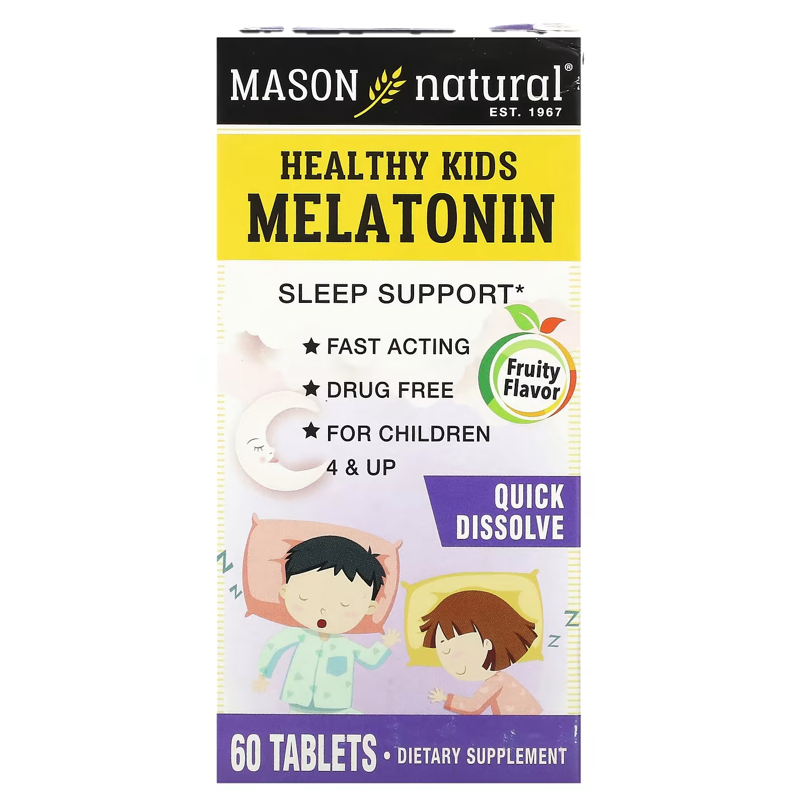 Mason Natural Healthy Kids Мелатонин для детей от 4 лет и старше, фруктовые, 60 таблеток капли для сна bach kids rescue для детей от 2 лет и старше 10 мл