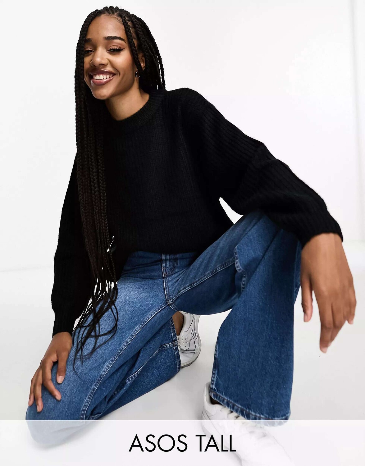 

Черный пышный джемпер в рубчик с круглым вырезом ASOS DESIGN Tall