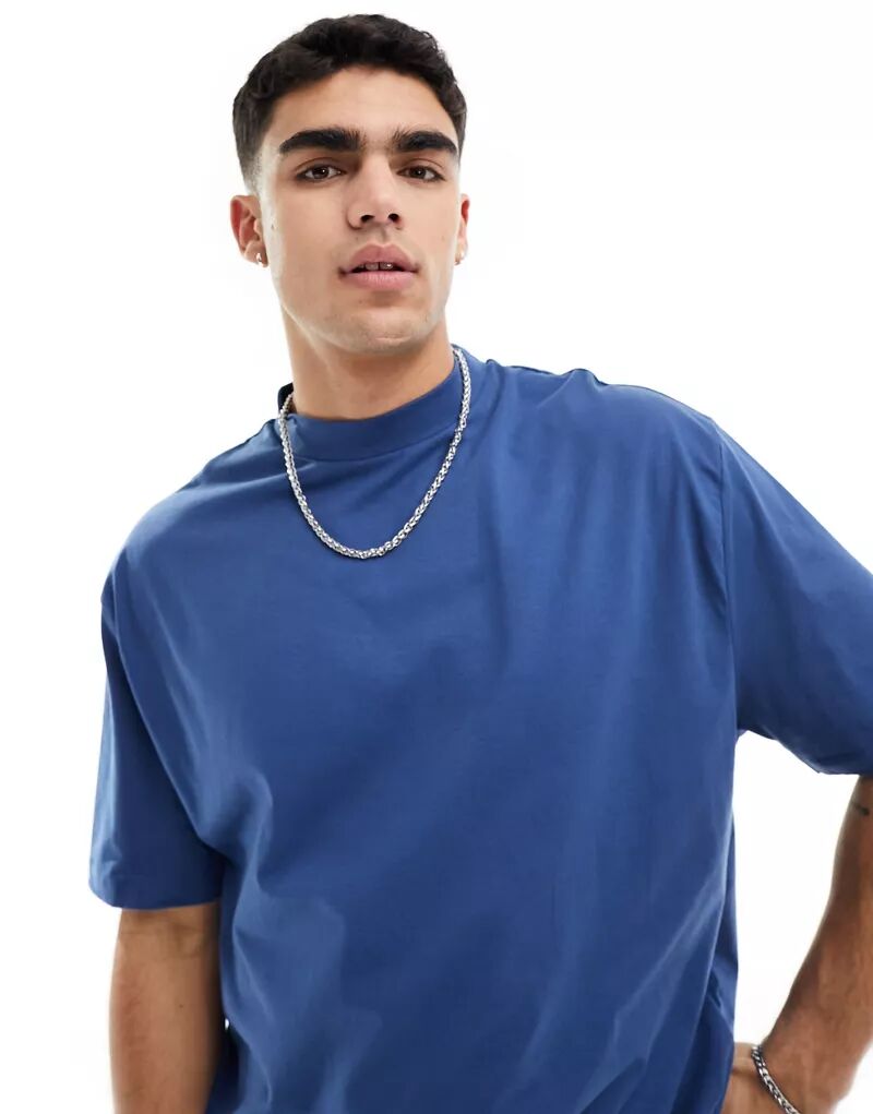 Синяя оверсайз-футболка с воротником стойкой ASOS