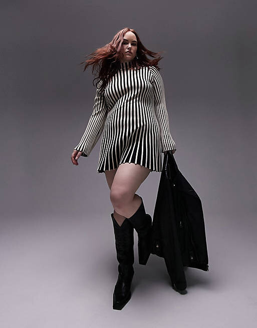 

Монохромное трикотажное платье мини в полоску с длинными рукавами Topshop Curve