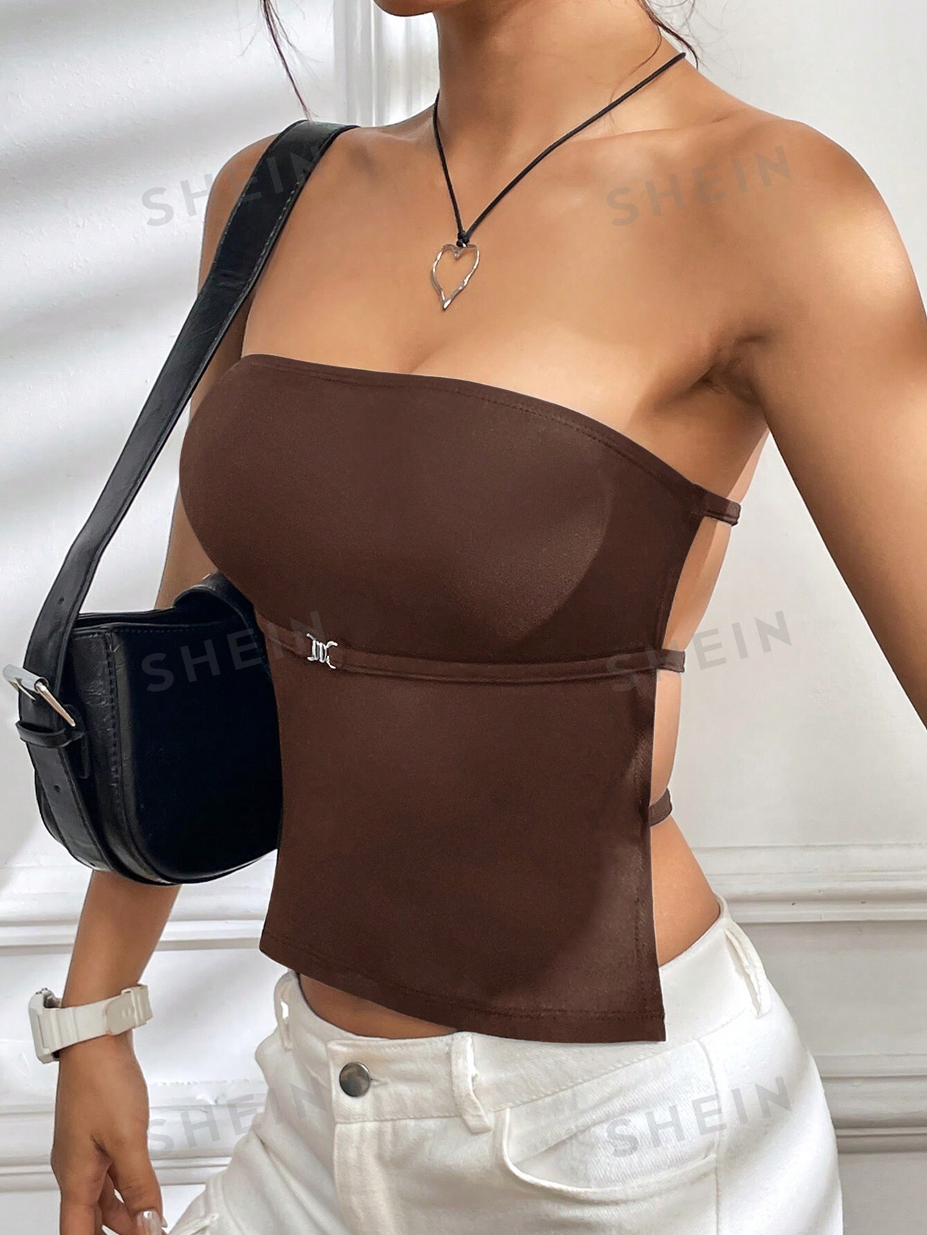 SHEIN EZwear Женский модный облегающий топ с открытой спиной и без бретелек, коричневый