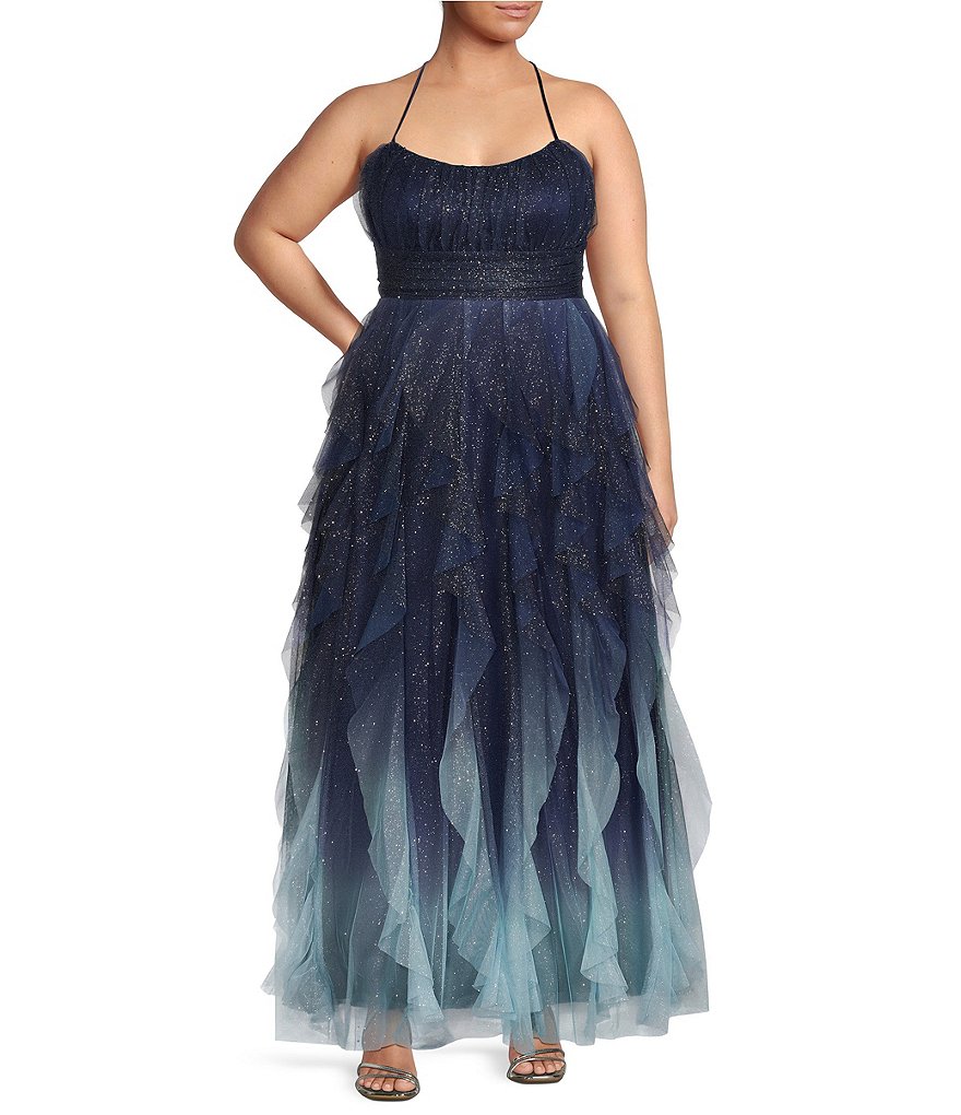 Длинное платье из тюля Pear Culture Plus с блестящим эффектом омбре и штопором, синий