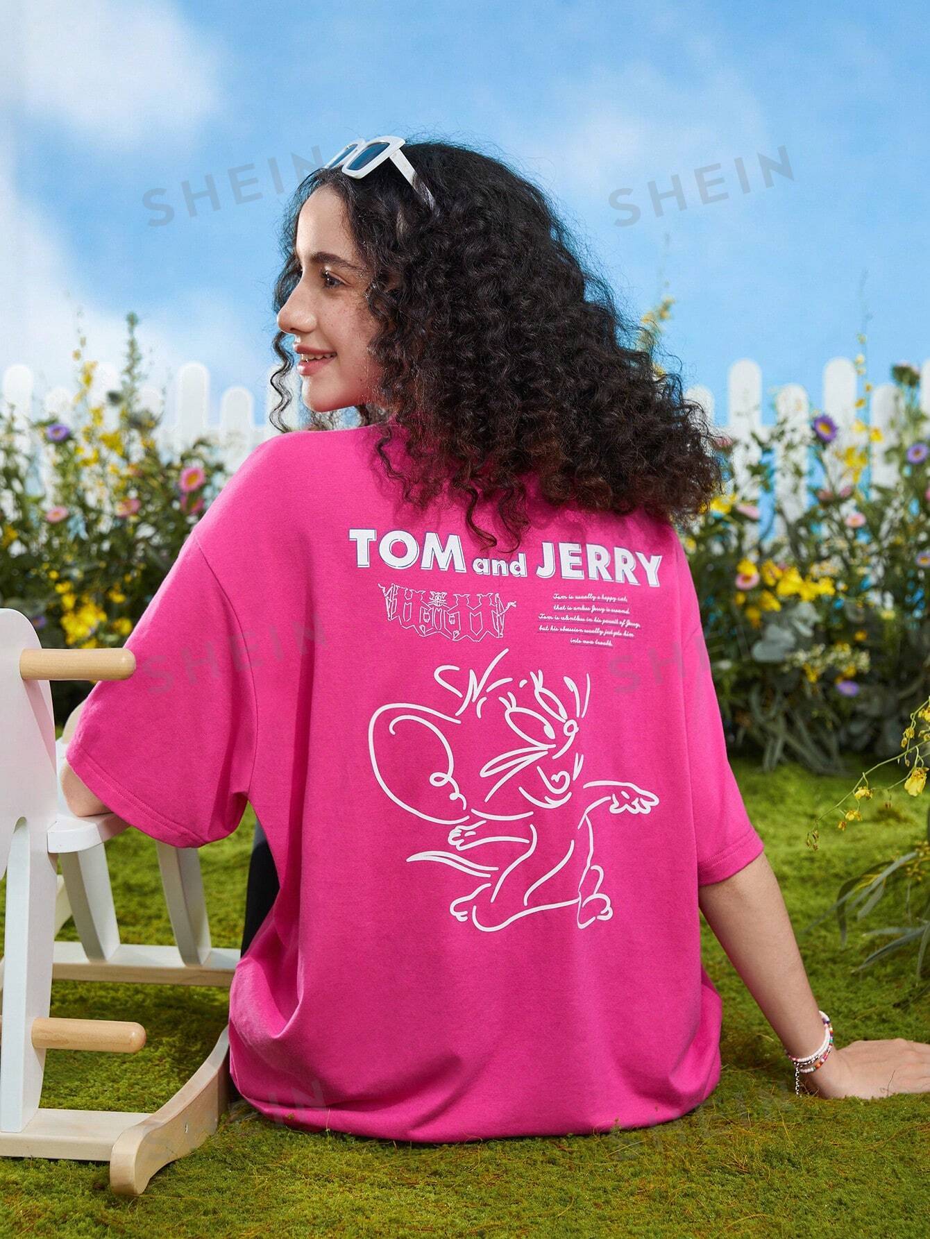 Женская футболка свободного кроя с принтом SHEIN, ярко-розовый