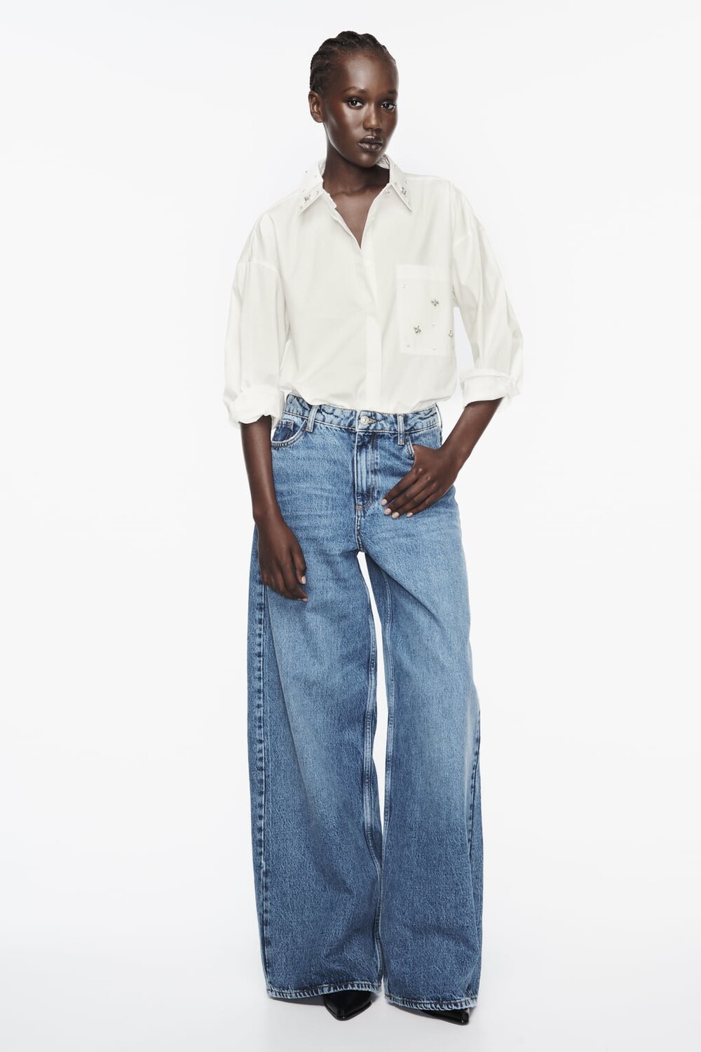 

Рубашка из поплин со стразами ZARA, белый