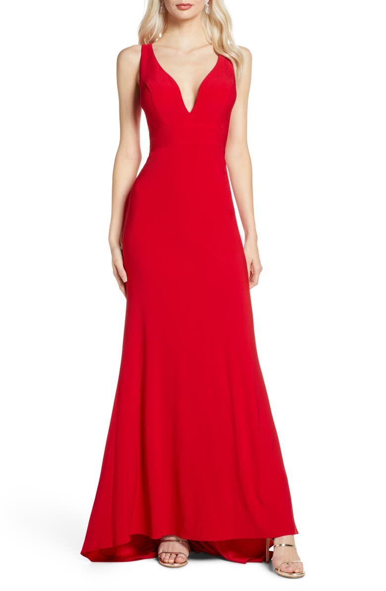 

Платье из джерси с v-образным вырезом и шлейфом MAC DUGGAL, красный