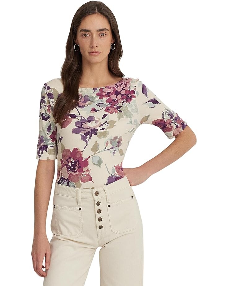 

Футболка LAUREN Ralph Lauren Floral Stretch Cotton Boatneck, кремовый, Бежевый