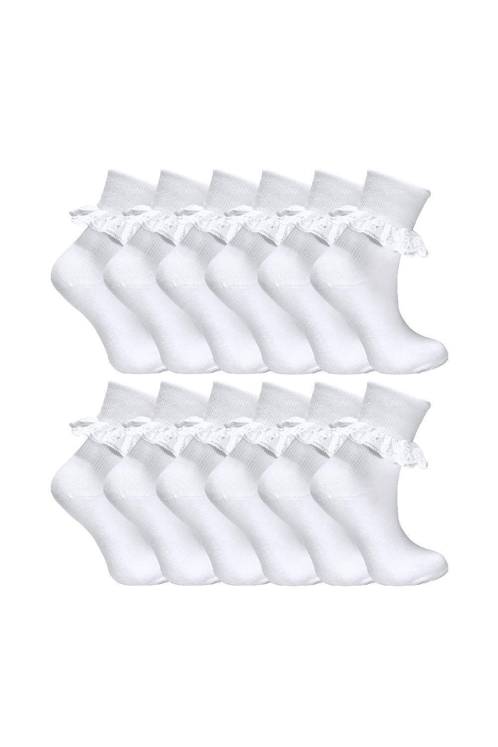 цена 12 пар милых белых школьных носков с кружевом и оборками из богатого хлопка Sock Snob, белый