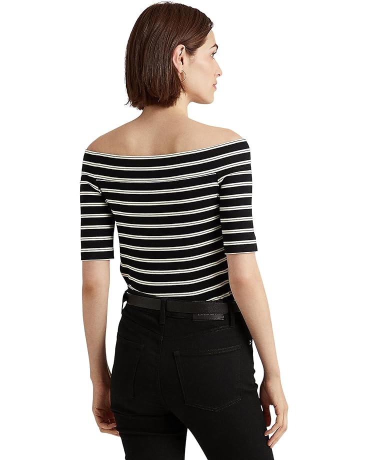 

Футболка LAUREN Ralph Lauren Striped Off Shoulder Stretch Cotton Tee, цвет Polo Black/Mascarpone Cream