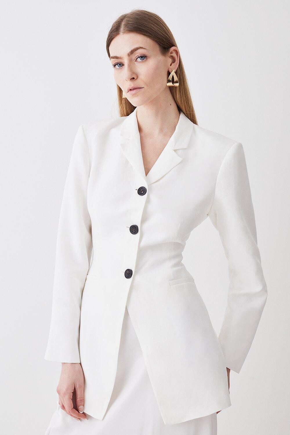 

Льняной пиджак строгого кроя с высоким разрезом Karen Millen, белый