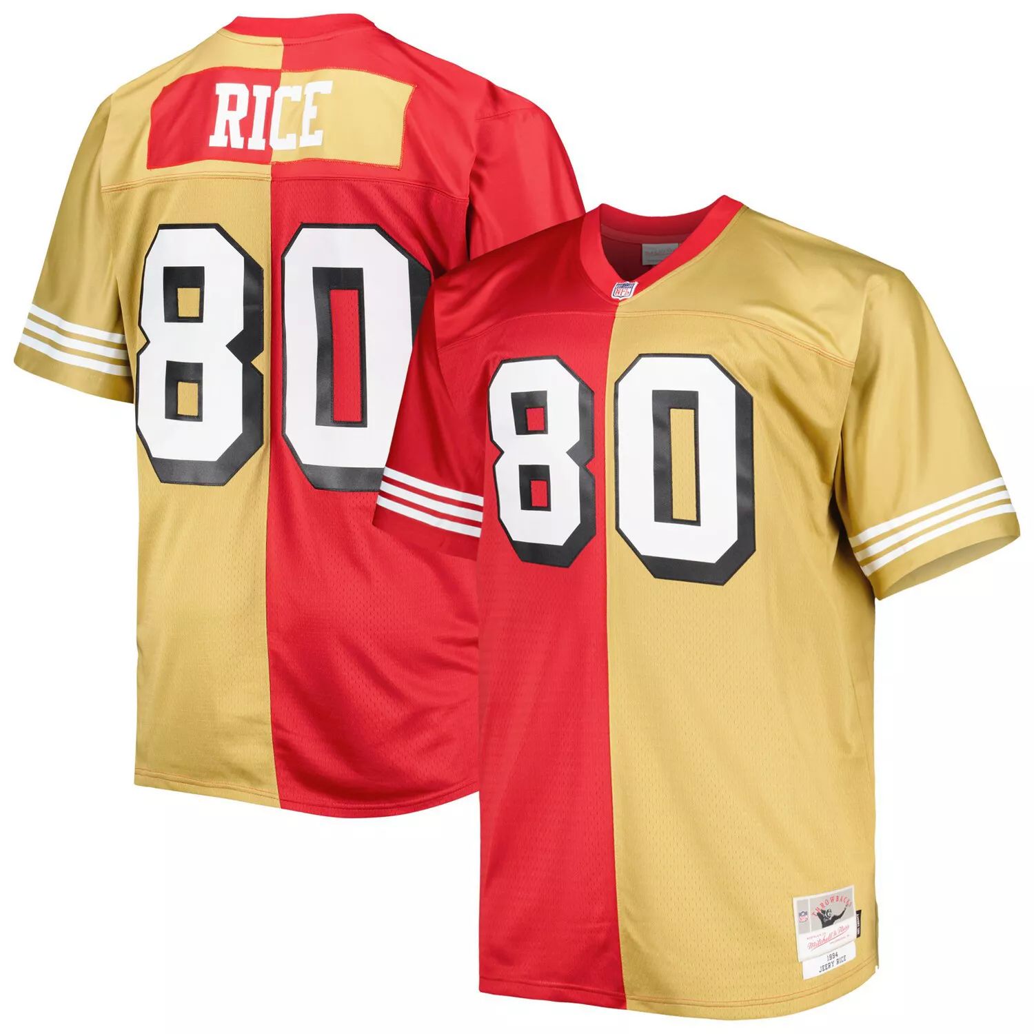 Мужская футболка Mitchell & Ness Jerry Rice Scarlet/Gold San Francisco 49ers Big & Tall Split Legacy Retired Player, реплика Джерси