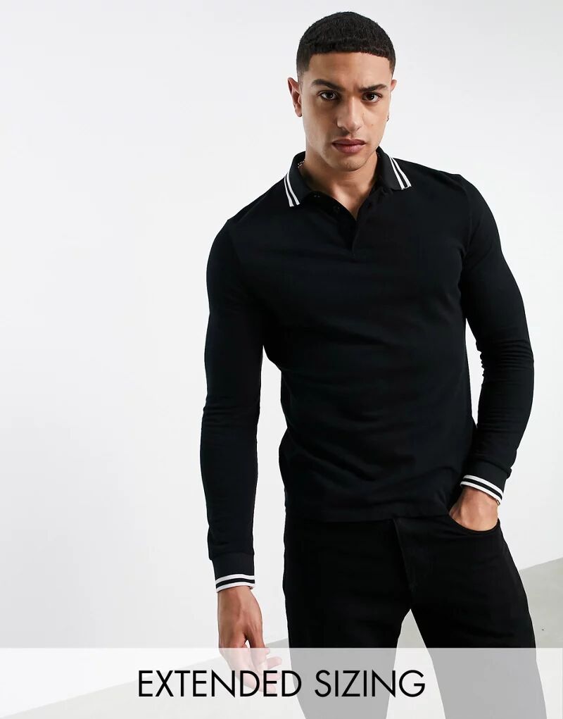 Черная рубашка-поло из пике с длинными рукавами и контрастной полоской ASOS