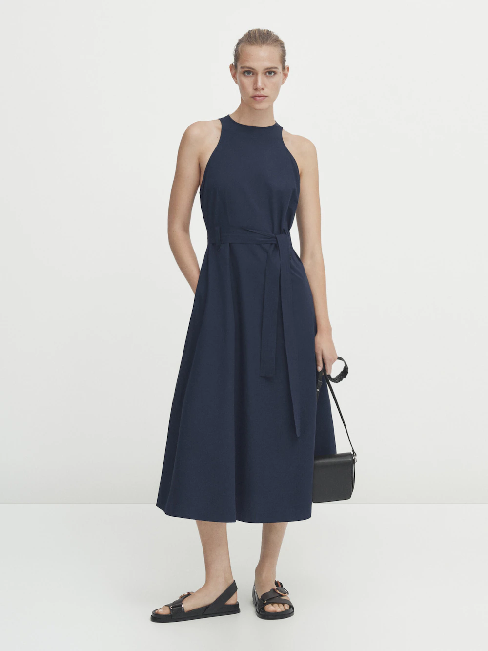 

Платье Massimo Dutti Poplin Midi With Belt, темно-синий