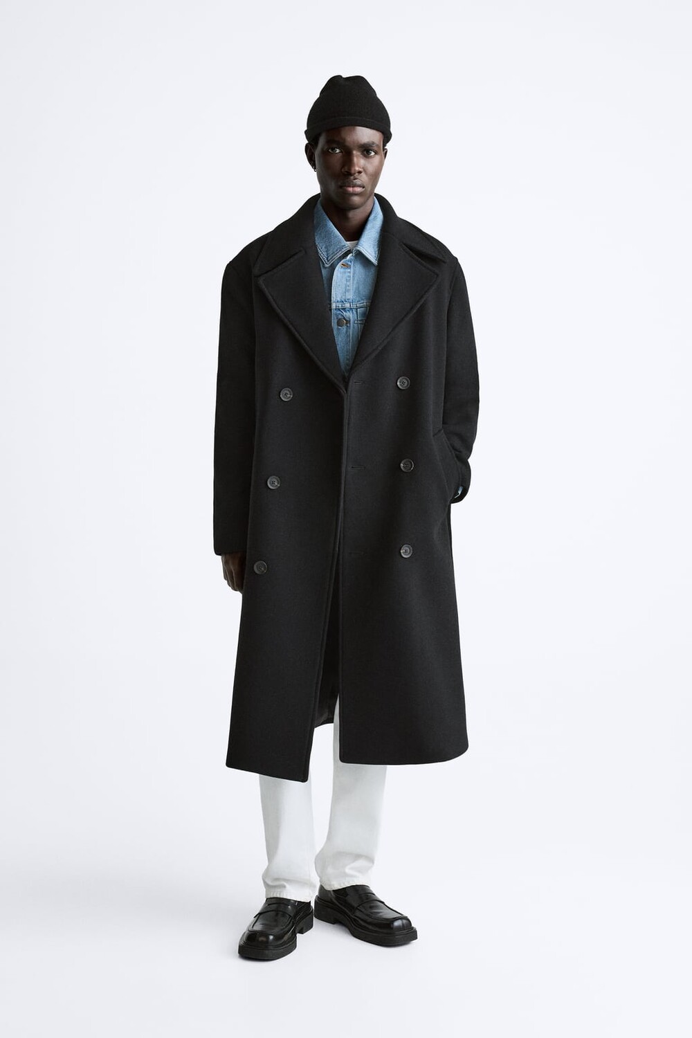 

Двубортное пальто из смесовой шерсти ZARA, черный