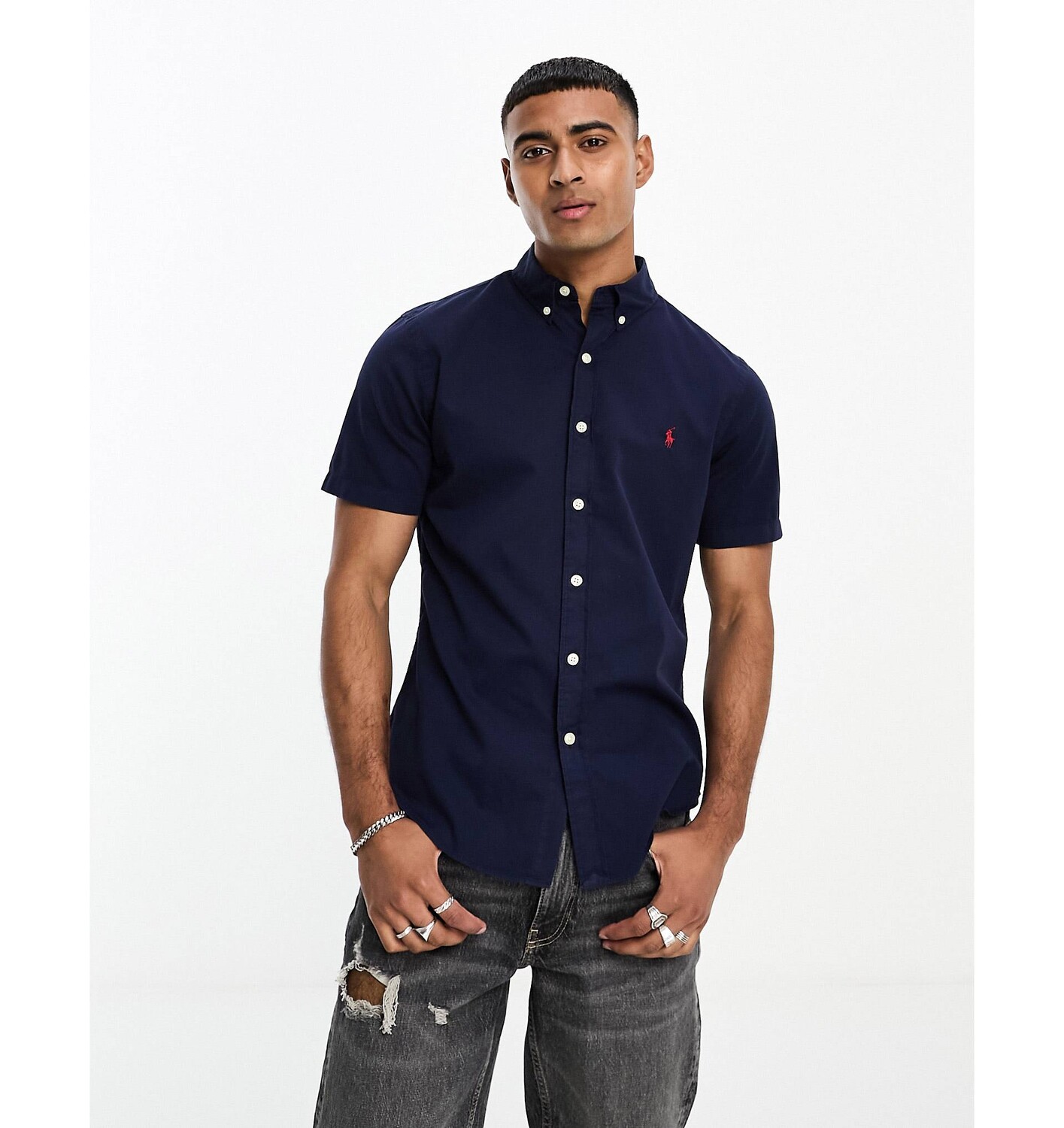 

Темно-синяя рубашка узкого кроя из твила с короткими рукавами и логотипом Polo Ralph Lauren