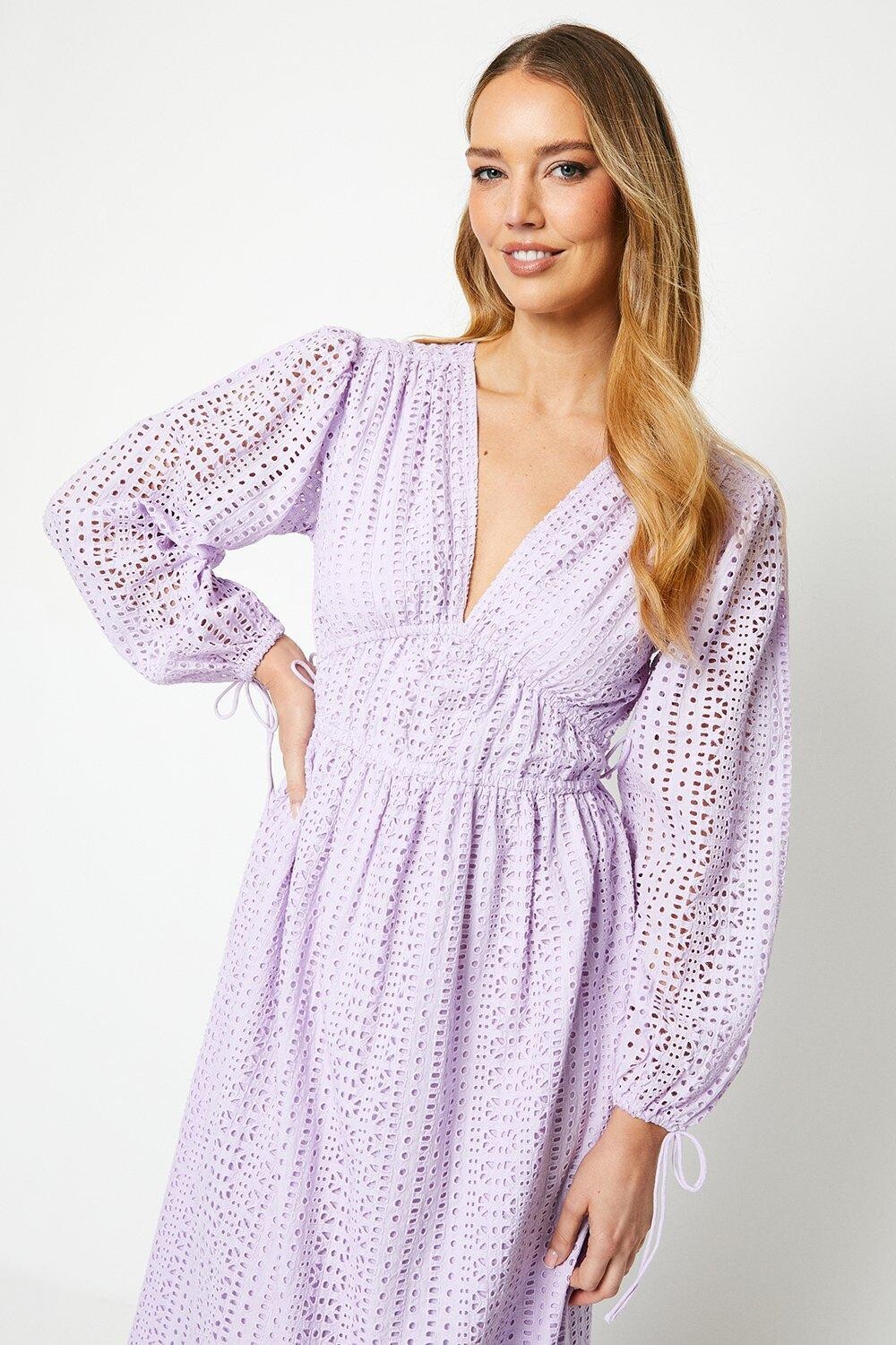 

Платье миди Broderie с завязками по бокам и пышными рукавами Oasis, фиолетовый