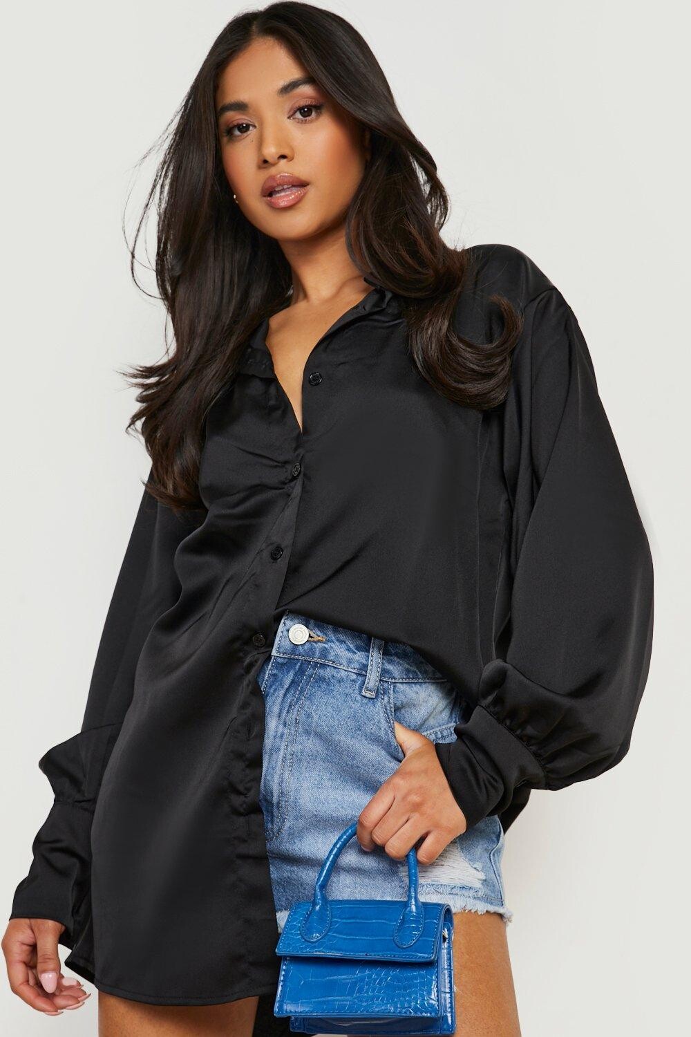 

Атласная рубашка petite extreme оверсайз Boohoo, черный