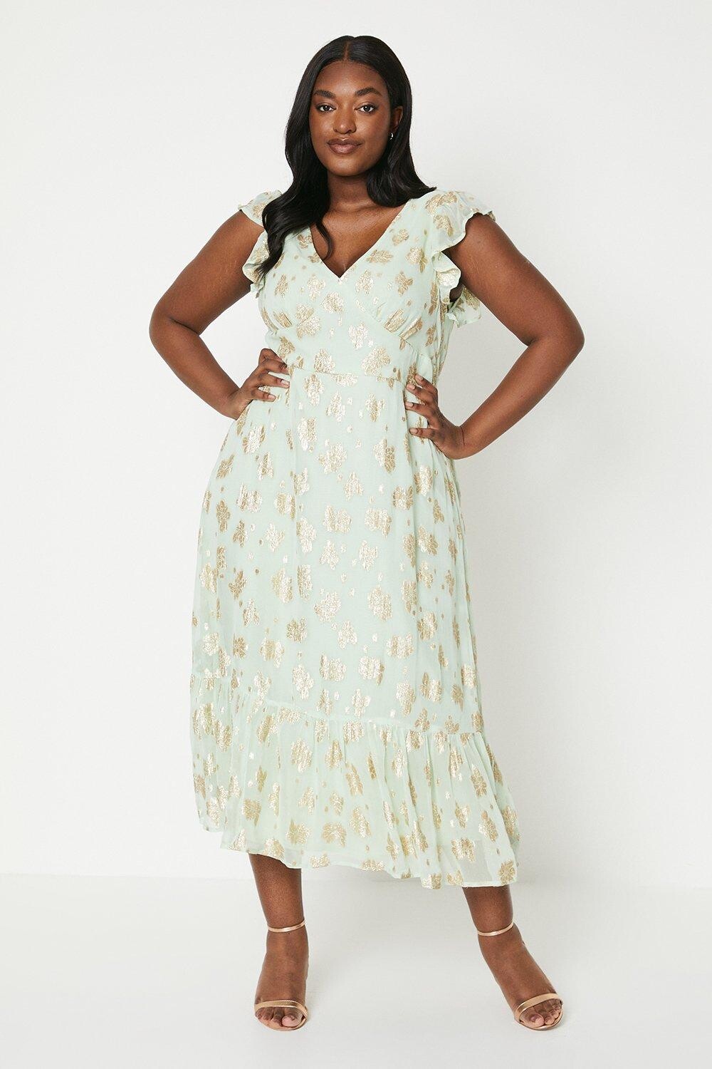 

Мятно-золотое жаккардовое платье миди Curve с рюшами Dorothy Perkins, зеленый