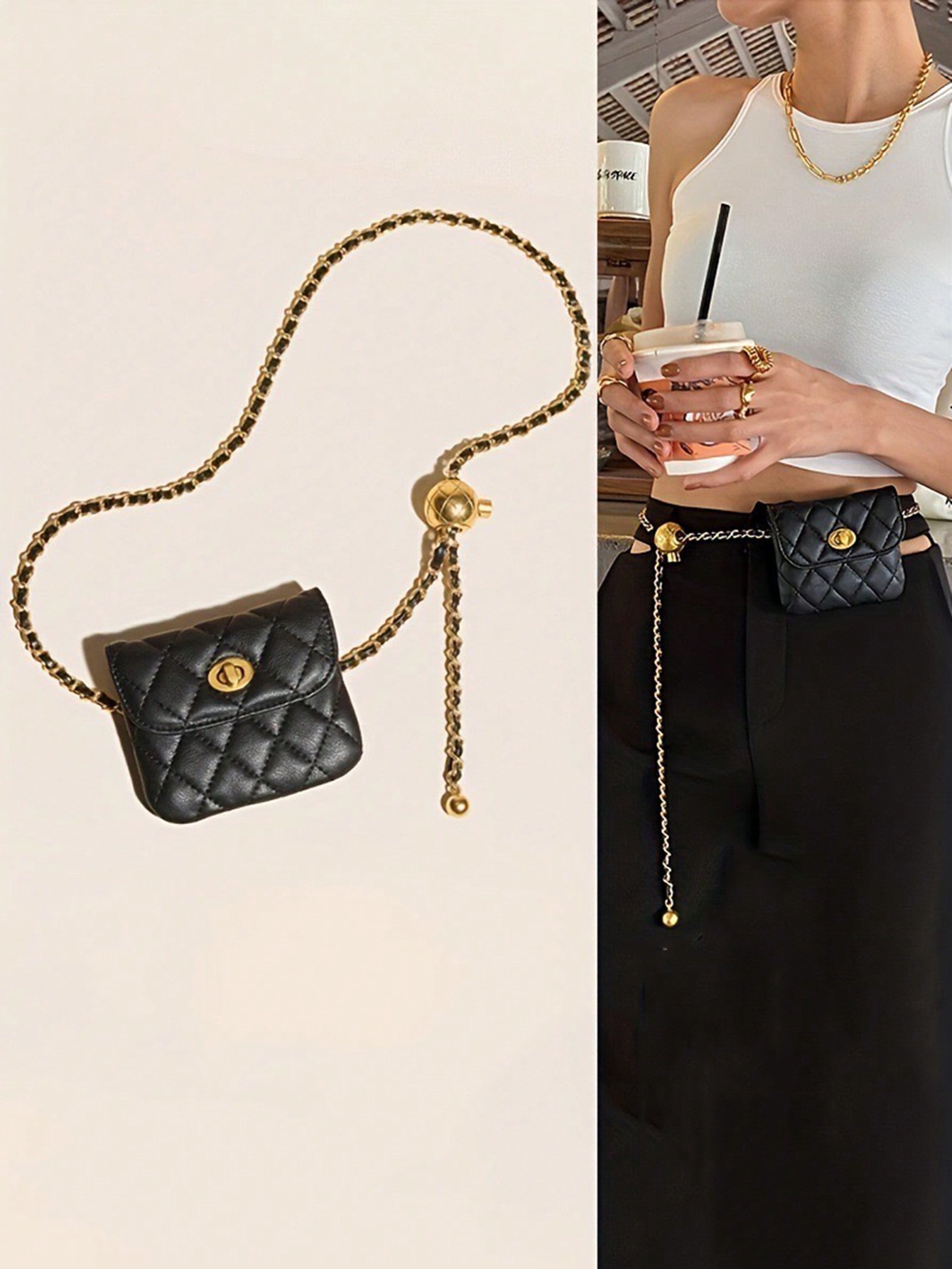 Новая модная универсальная мини-многофункциональная поясная сумка через плечо с ромбической вышивкой и бусинами Lucky Beads, черный